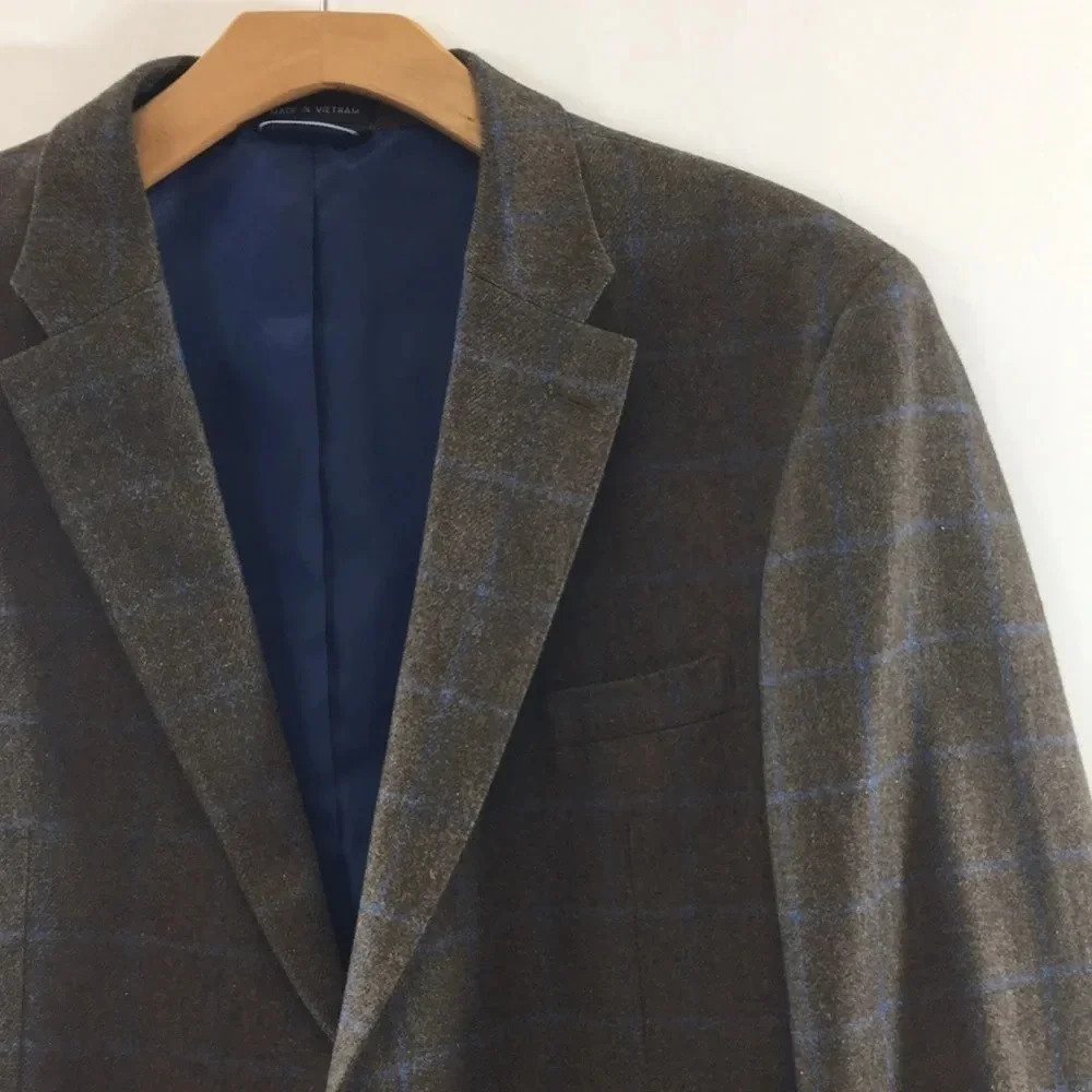 Tommy Hilfiger Brown Blue Check Sport Coat‎ Wool Blazer Mens 44 Two Button Front